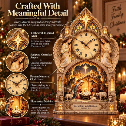 Cathedral-style Bethlehem Nativity Clock – The Christmas Story Bathed In Warm Light.