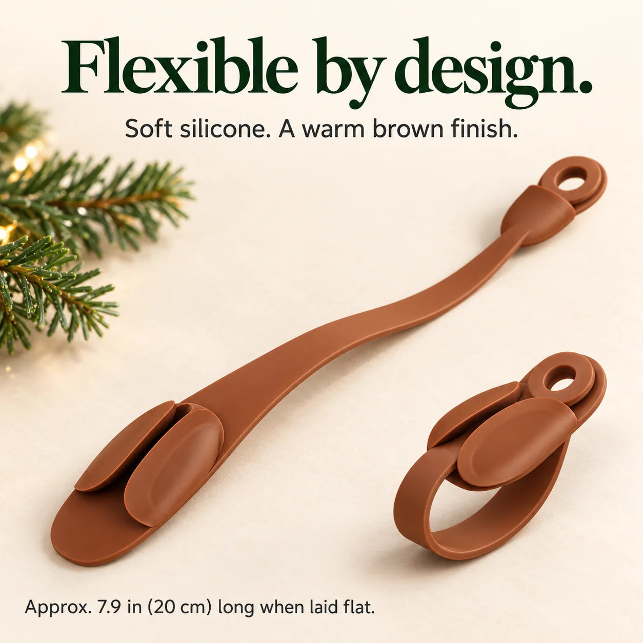 Brown silicone garland holder shown flat and folded