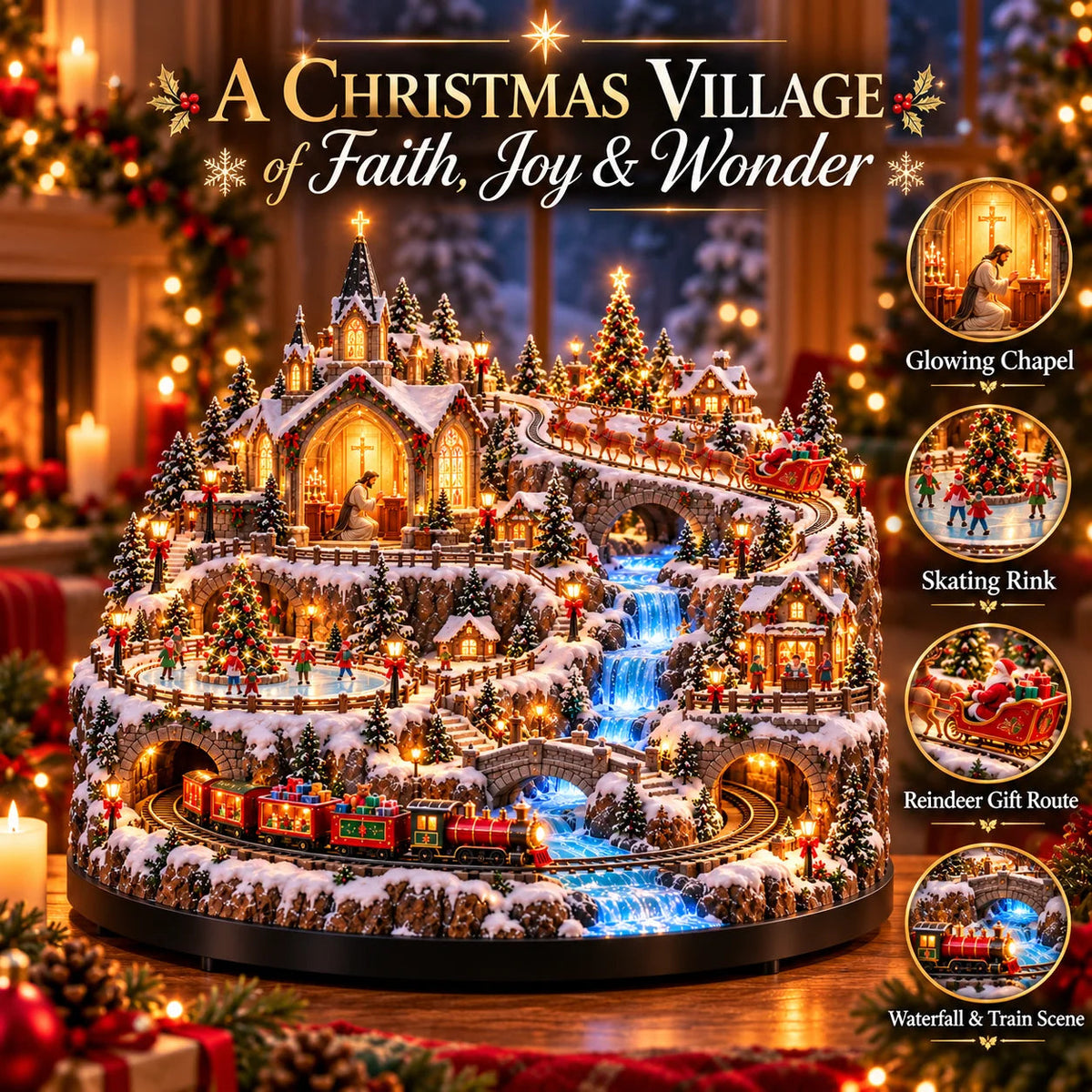 ✨ LAST DAY 49% OFF 🔥 Lighted Animated Christmas Village with Train, Reindeer Sleigh & Waterfall ✨
