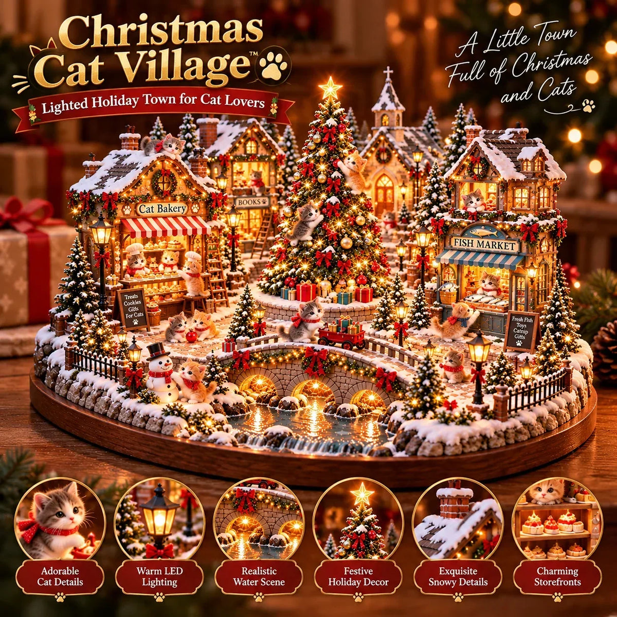 🐱🎄 Christmas Cat Village™ – Lighted Holiday Town for Cat Lovers
