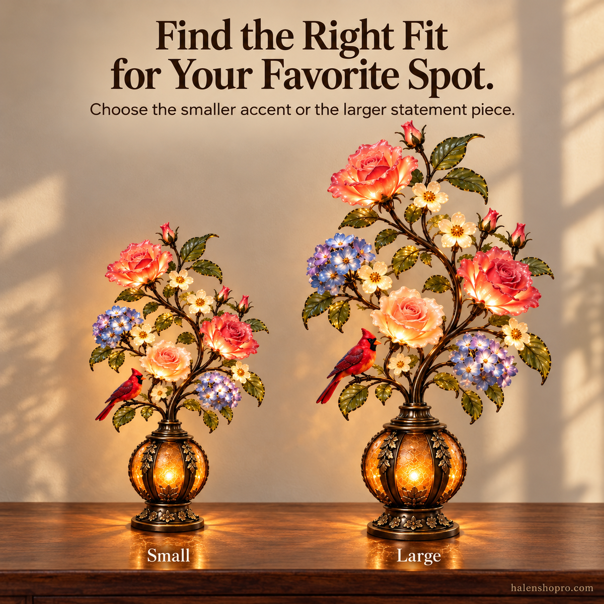 🌸🐦 Cardinal Garden Glow – Vintage Floral Accent Lamp with Warm Amber Light ✨