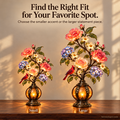 🌸🐦 Cardinal Garden Glow – Vintage Floral Accent Lamp with Warm Amber Light ✨