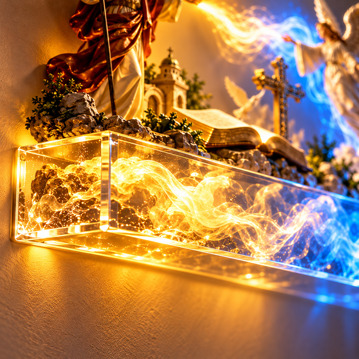 ✝️✨ Divine Light of Faith™ – 3D Lighted Jesus & Angel Cross Wall Art