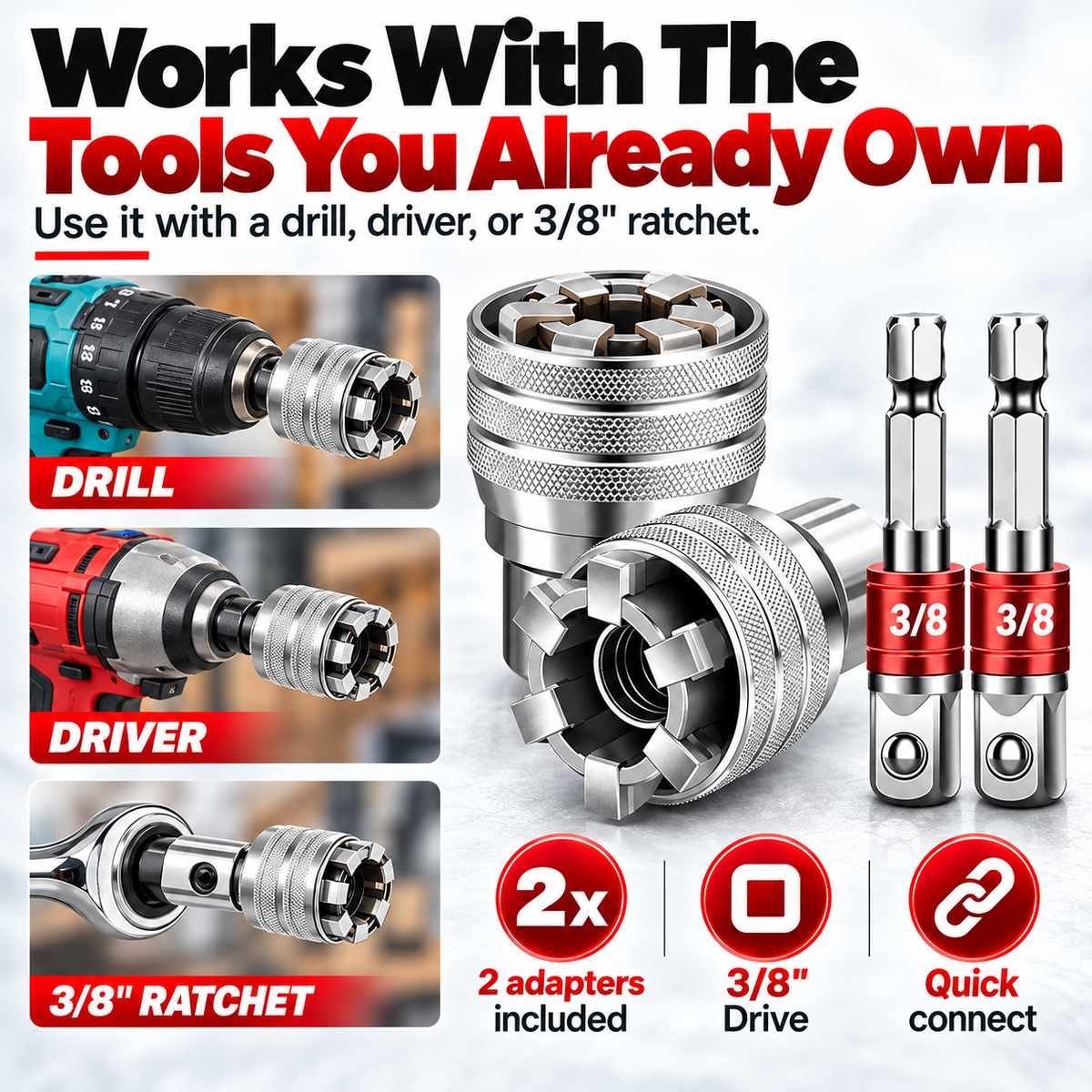 🔧2-Pack Self-Adjusting Universal Socket Set – 10–19mm Grip with 3/8" Drive Adapters