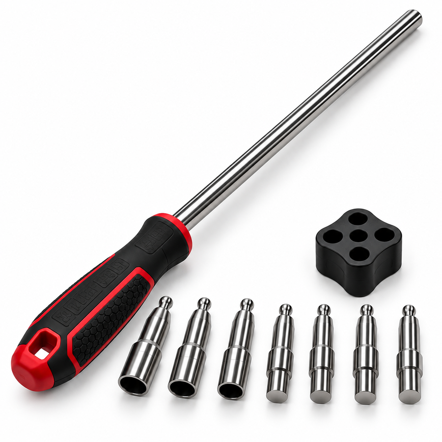 Red handle wheel fitting tool with seven adapter pegs