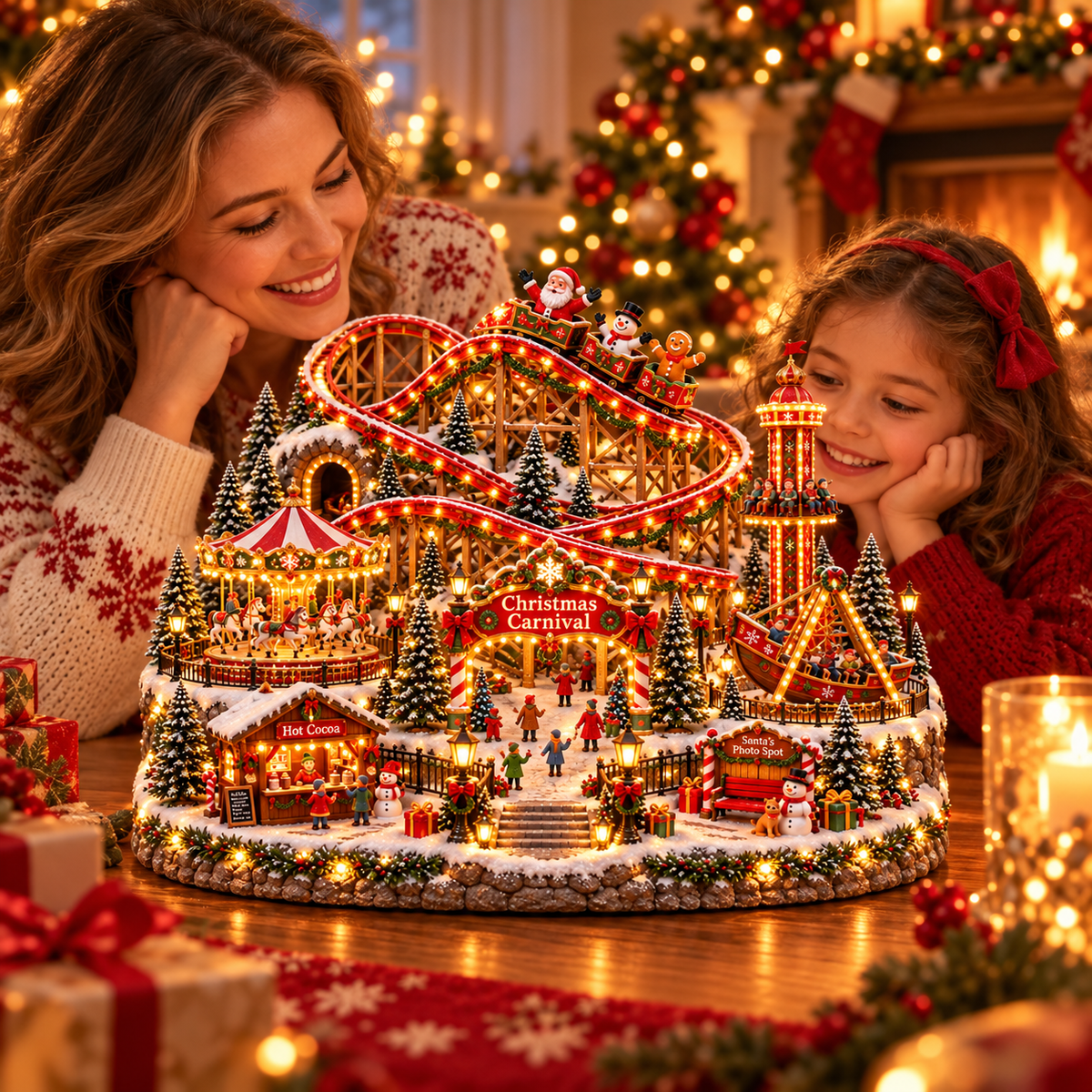 🎢 Magical Christmas Carnival Village – Animated Roller Coaster & Lighted Holiday Decor