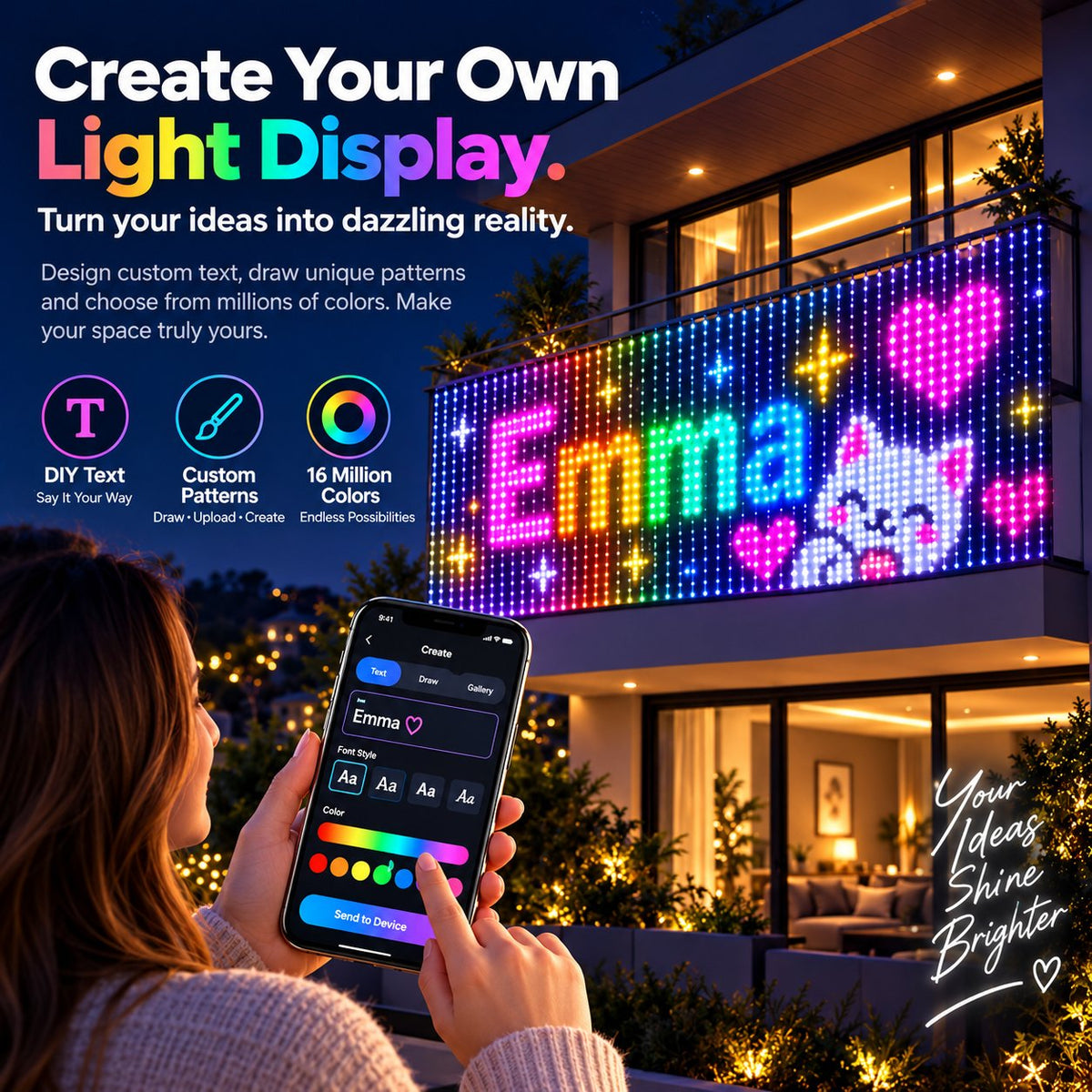 App-controlled LED curtain showing custom text and patterns