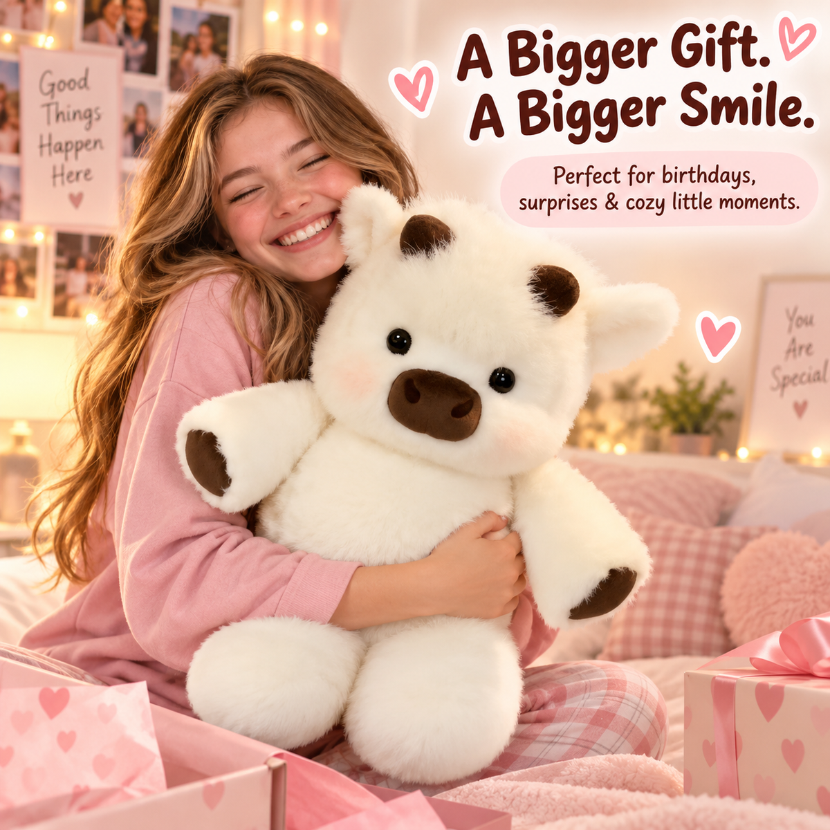 Girl receiving oversized plush gift