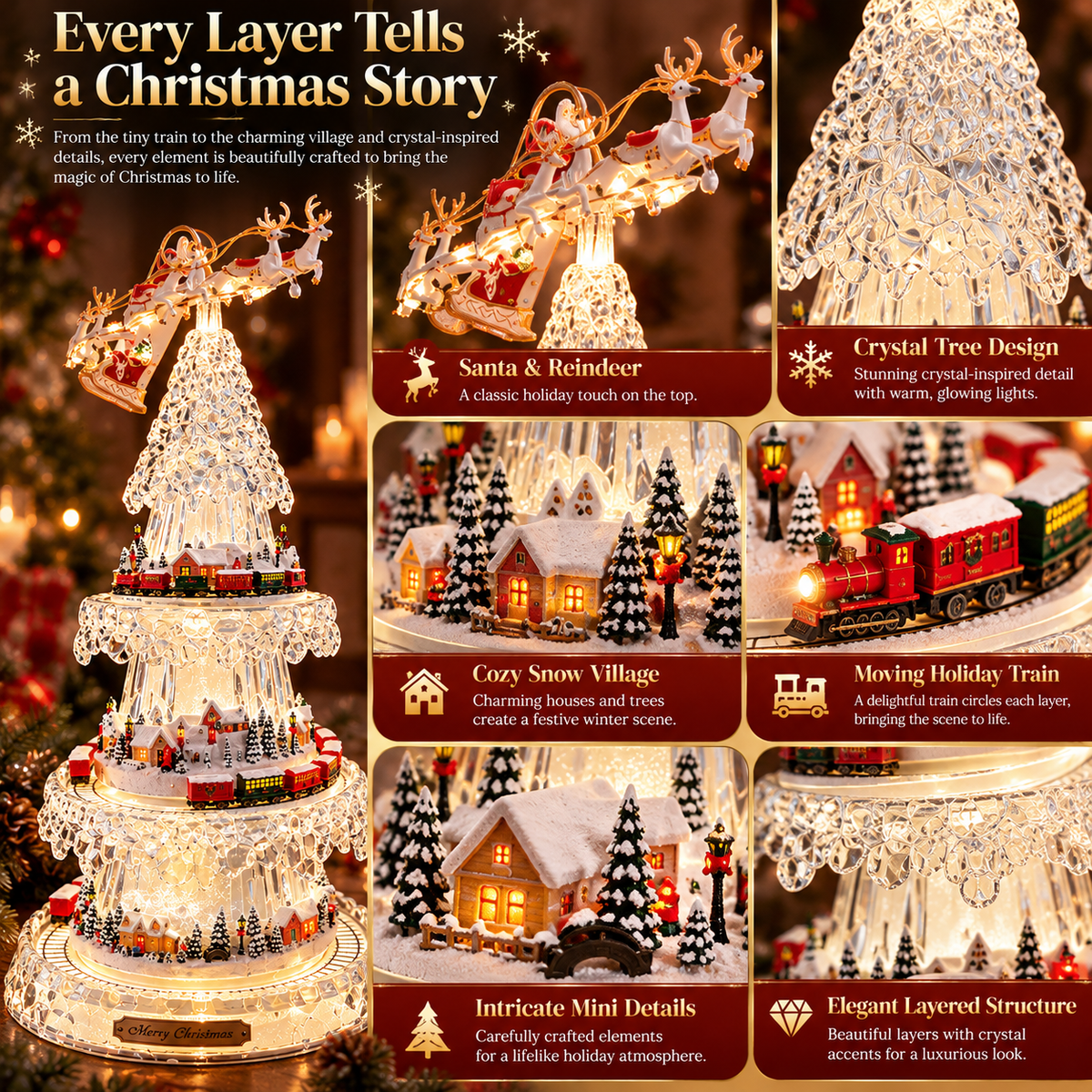 🌲3-Tier Illuminated Acrylic Christmas Tree with Moving Train & Winter Village