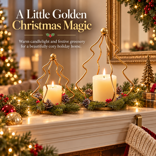 ✨Golden Christmas Tree Candle Holders（Set of 2）– Elegant Holiday Mantel & Table Décor 🎄