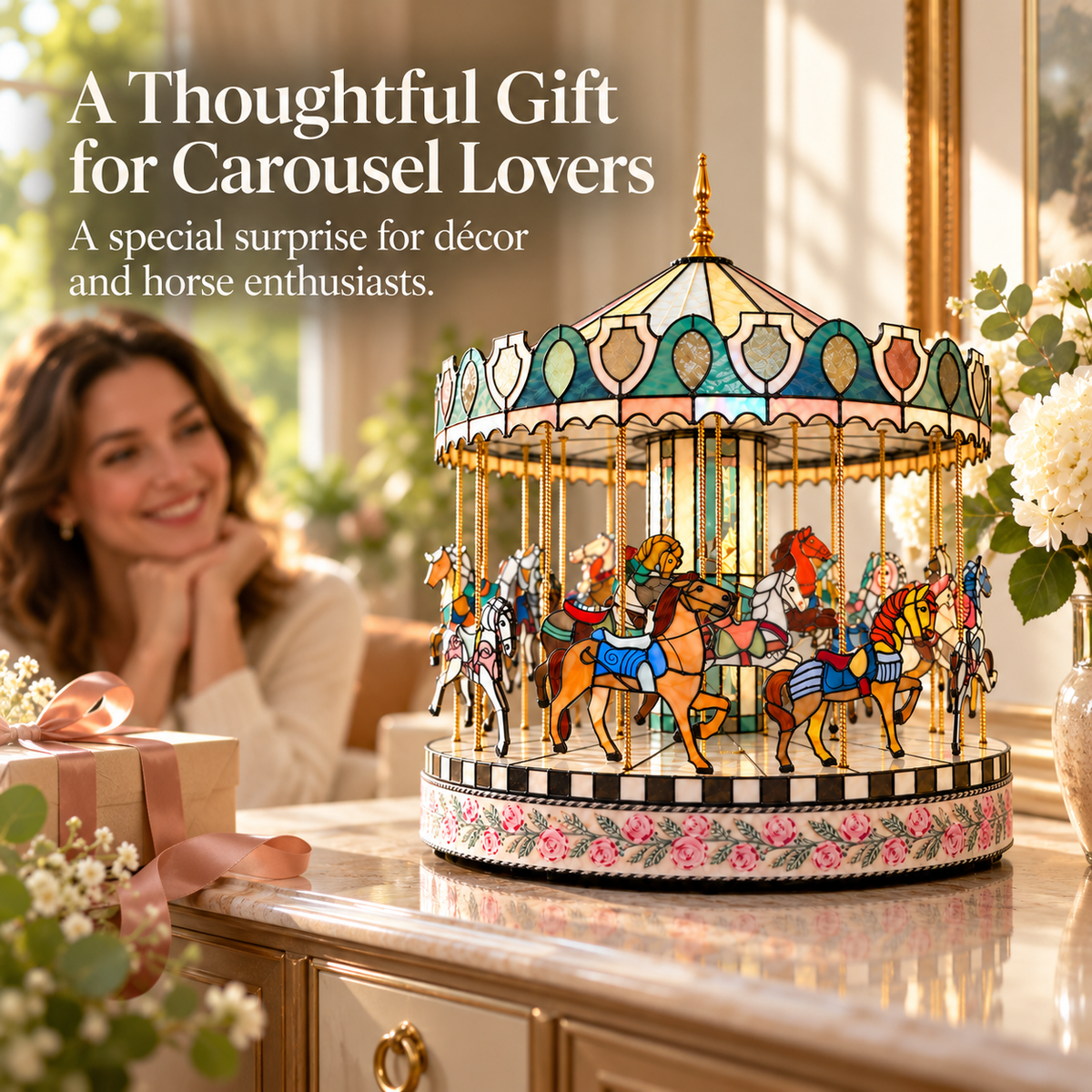 Storybook Carousel of Wonder – Rotating Horse Tabletop Décor