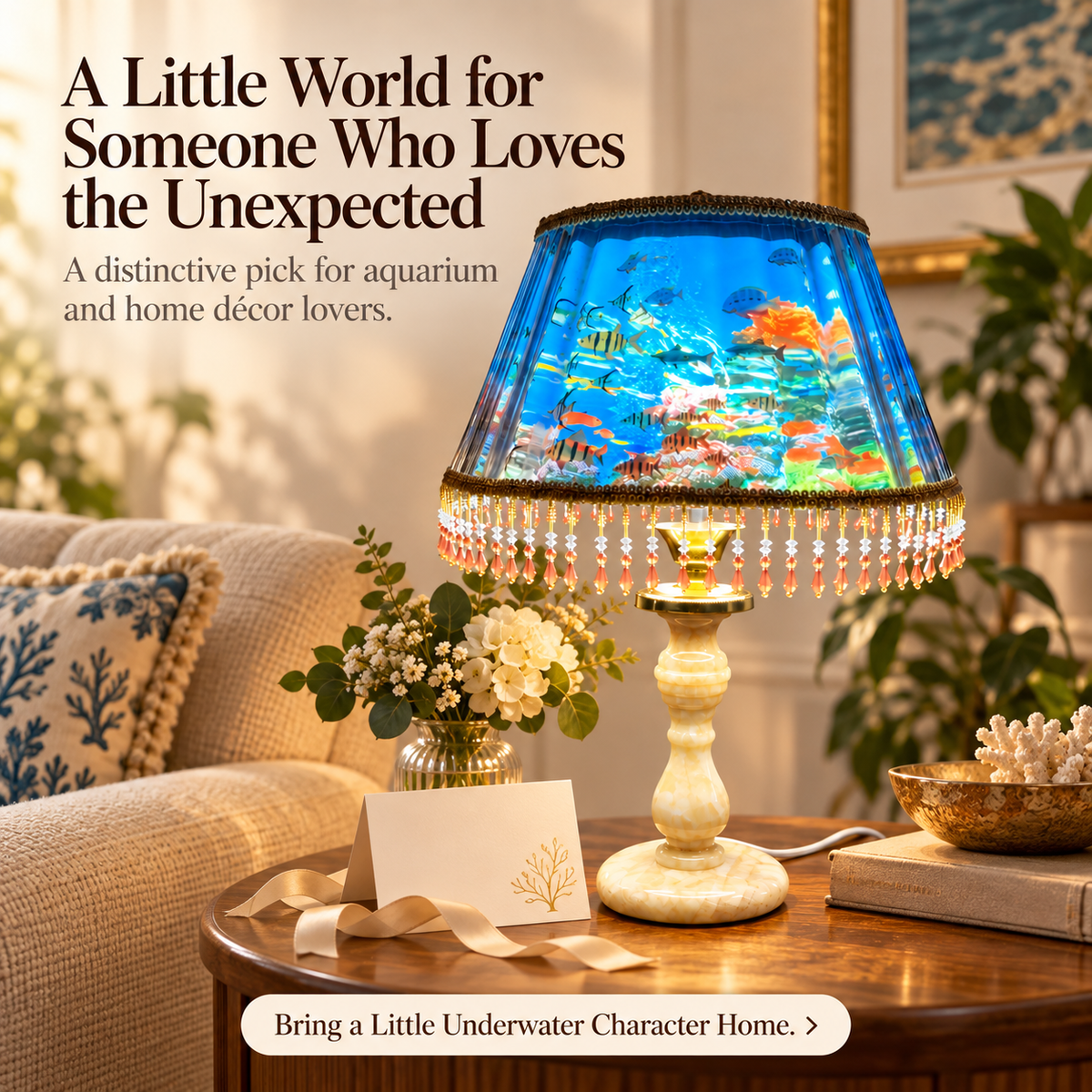 🐠Fishscape Table Lamp – Blue Underwater Scene & Vintage Beaded Fringe