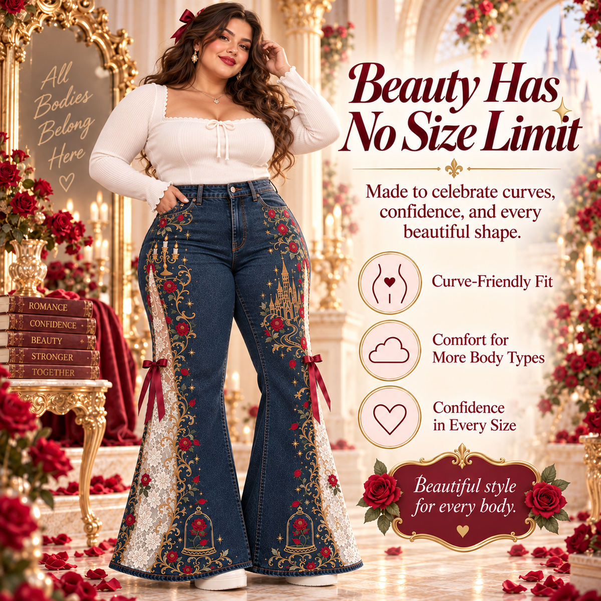 Fairytale Lace Flare Jeans – High-Waisted Embroidered Denim with Romantic Details ✨