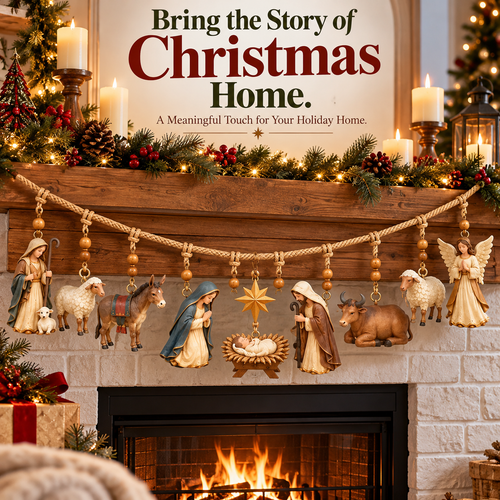 🎄 Christmas Nativity Hanging Garland – 3D Holy Family & Manger Scene, Rustic Fireplace Mantel Decor ✨