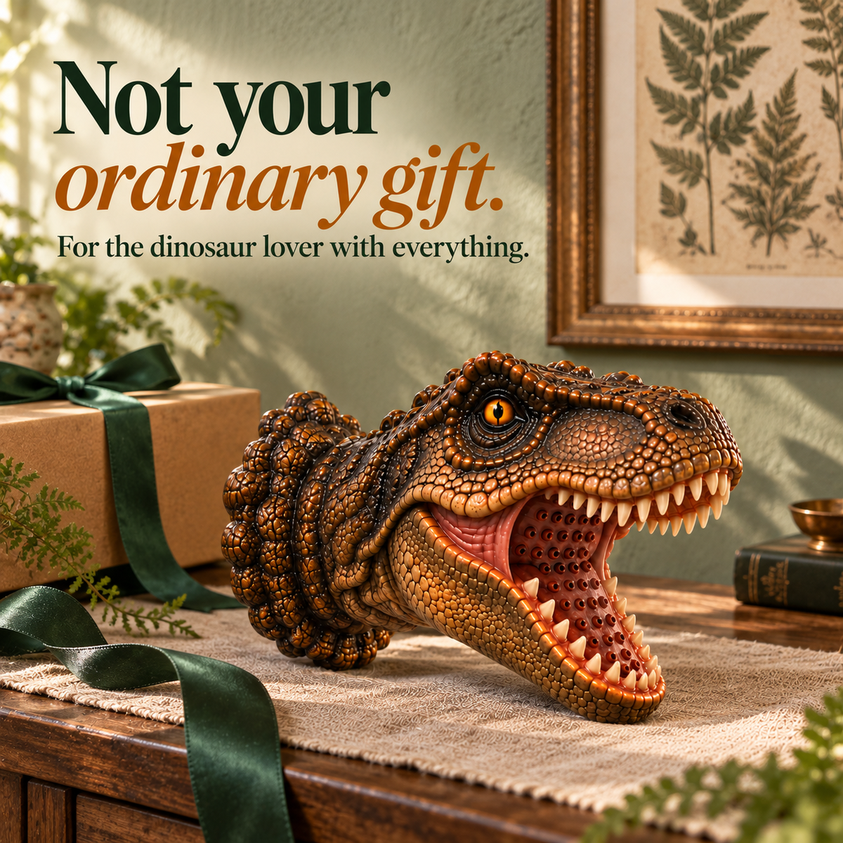 Bronze-toned dinosaur shower head displayed as a unique gift