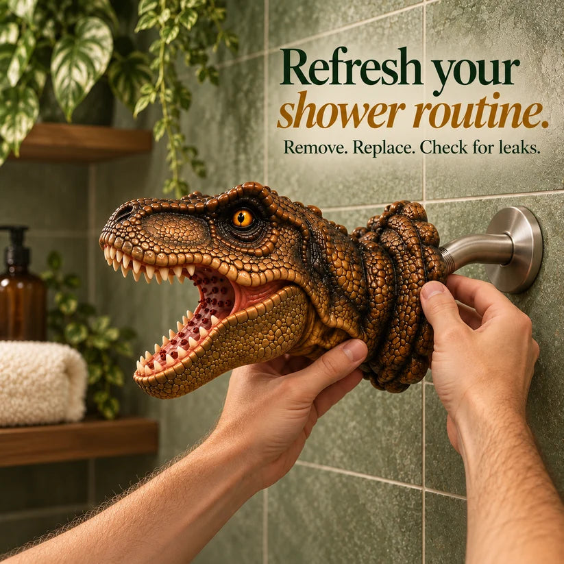 Hands attaching T-Rex shower head onto a wall-mounted shower arm