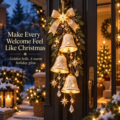 Golden Bell Blessing Cascade™ – Illuminated Christmas Door Decoration