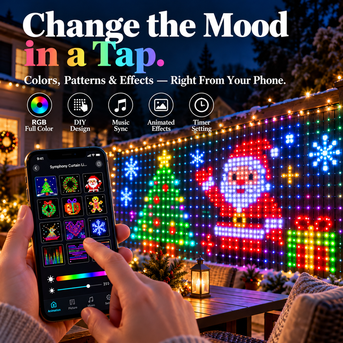 ✨ 400 LED Smart RGB Curtain Lights – App-Controlled DIY Pixel Art, Music Sync & Custom Light Shows 🎄
