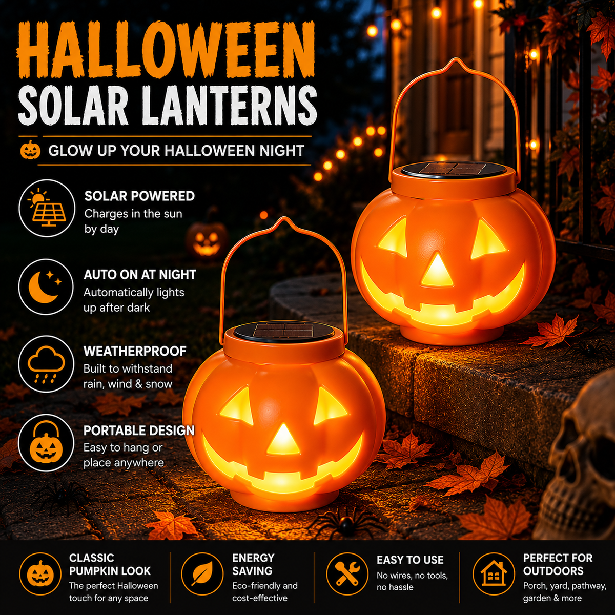 Halloween Solar Pumpkin Lantern – Weather-Resistant Outdoor Jack-O’-Lantern Light