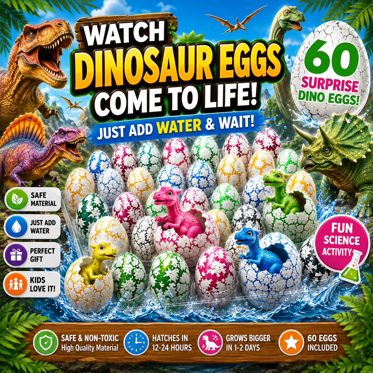 60PCS Hatching Dinosaur Eggs – Water Growing Dino Toy Set