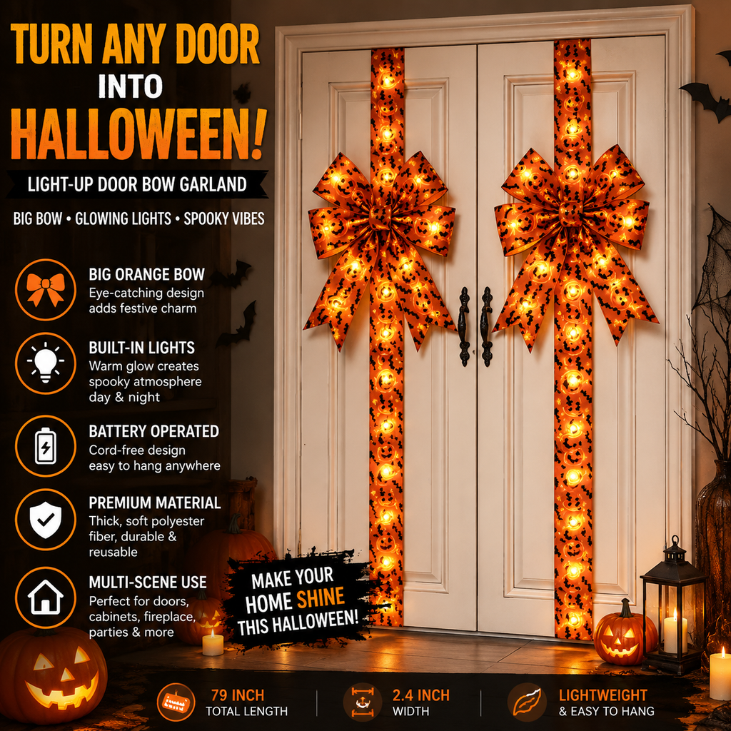 Light-Up Halloween Door Bow Garland – Pumpkin & Bat Decor