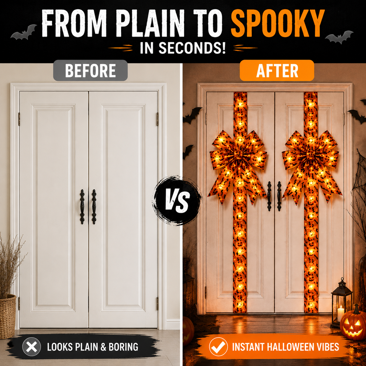 Light-Up Halloween Door Bow Garland – Pumpkin & Bat Decor