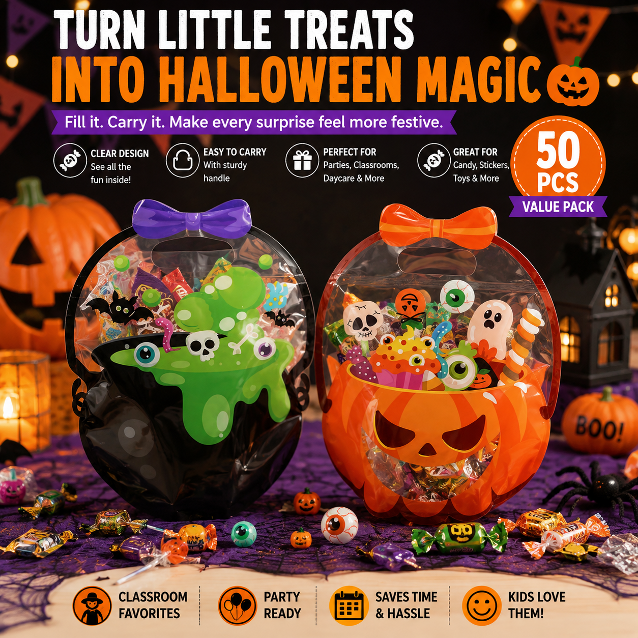 🎃 50 Pcs Halloween Goodie Bags – Clear Cauldron Candy Favor Bags