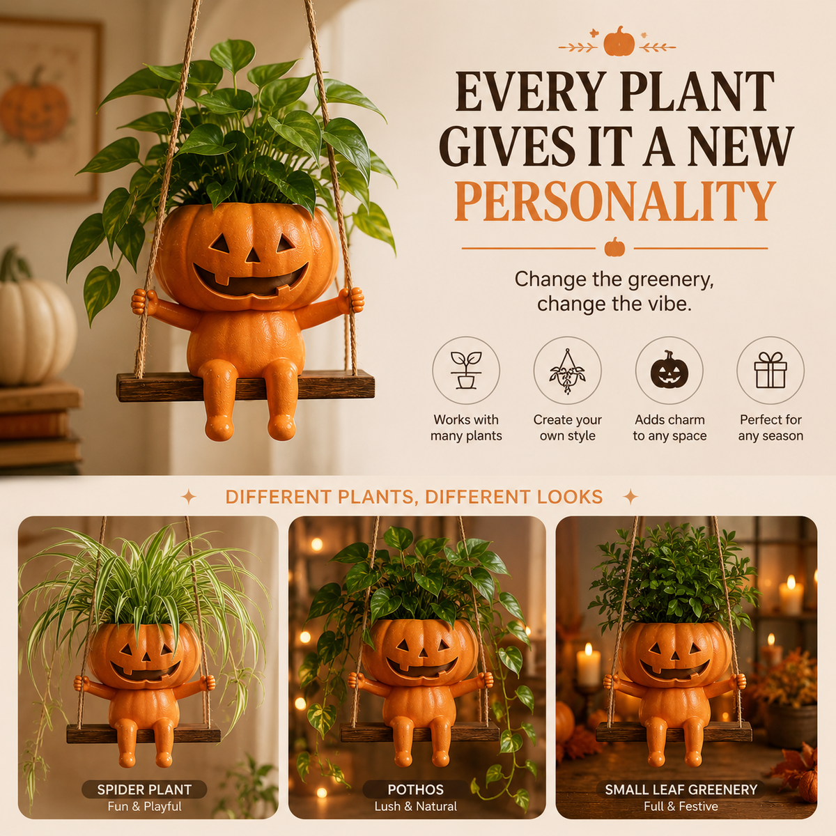 Swinging Pumpkin Planter – Cute Halloween Hanging Plant Pot