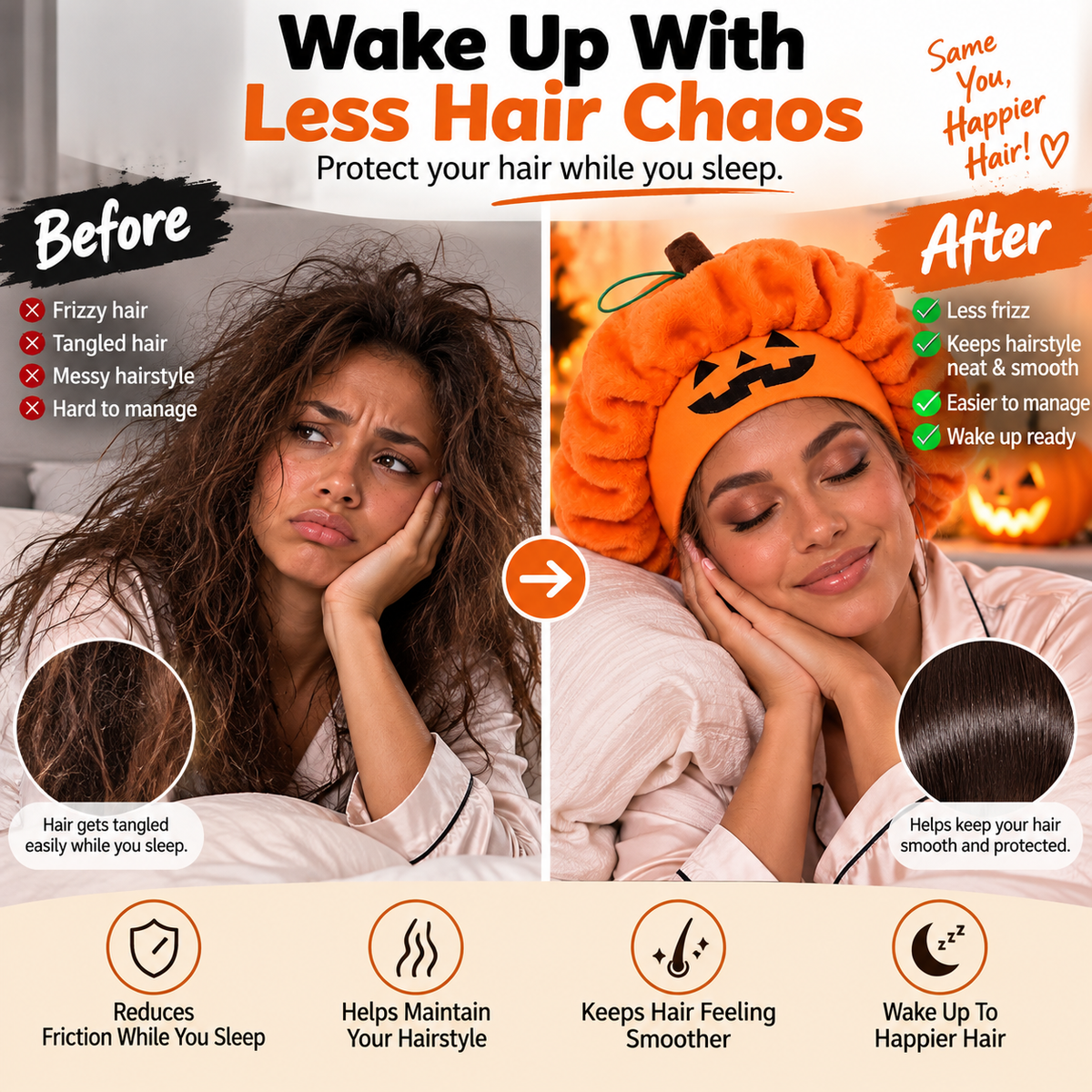 Halloween Pumpkin Sleep Bonnet – Soft Hair Protection for Bedtime & Skincare