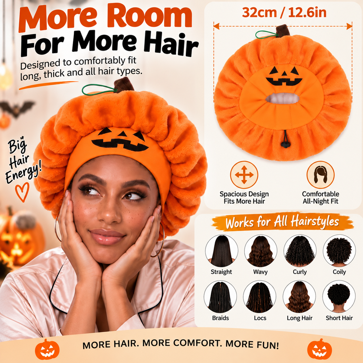 Halloween Pumpkin Sleep Bonnet – Soft Hair Protection for Bedtime & Skincare