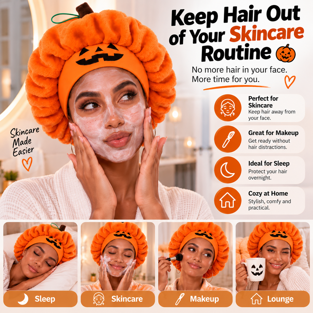Halloween Pumpkin Sleep Bonnet – Soft Hair Protection for Bedtime & Skincare