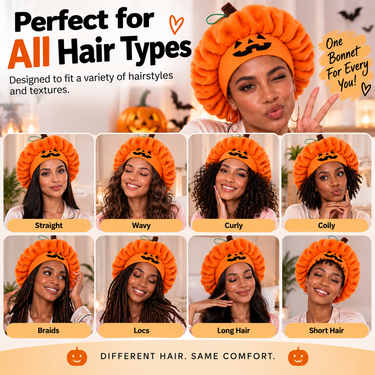 Halloween Pumpkin Sleep Bonnet – Soft Hair Protection for Bedtime & Skincare