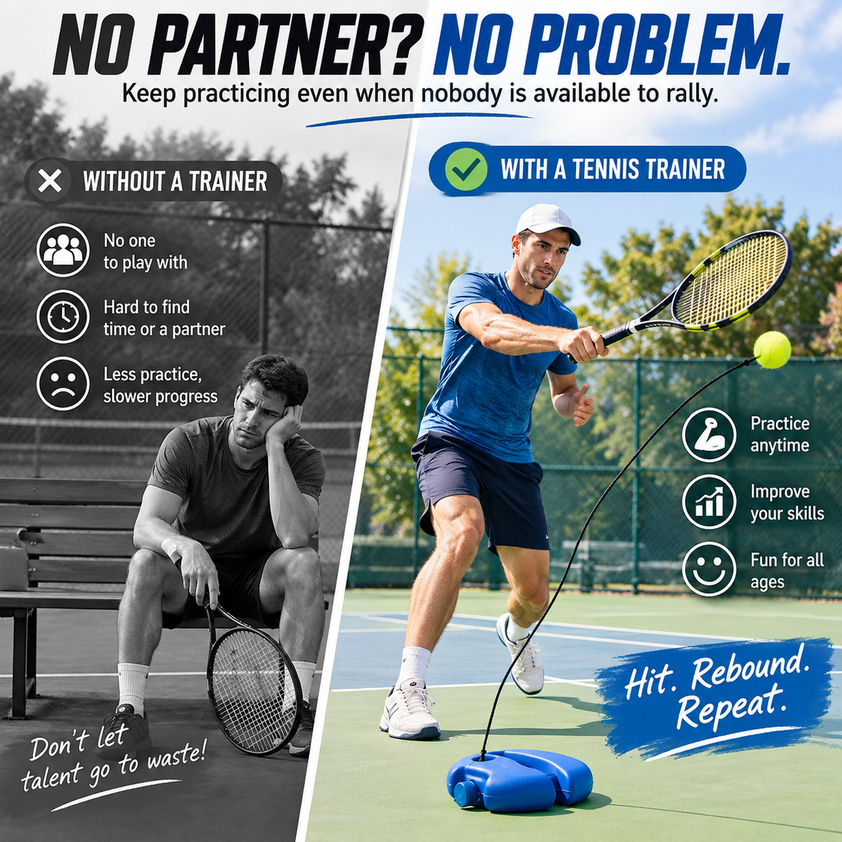 Solo Tennis Rebound Trainer Set – Fillable Base with 2 Balls & 13-Ft Elastic Cord