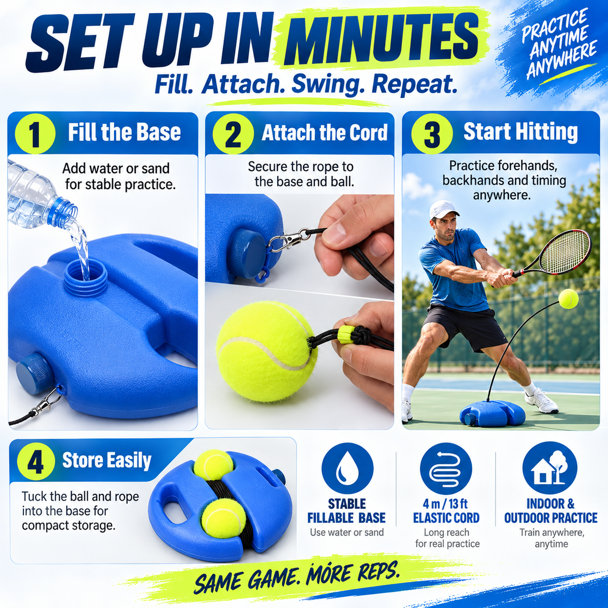 Solo Tennis Rebound Trainer Set – Fillable Base with 2 Balls & 13-Ft Elastic Cord