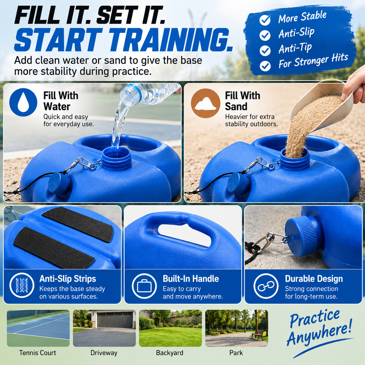 Solo Tennis Rebound Trainer Set – Fillable Base with 2 Balls & 13-Ft Elastic Cord