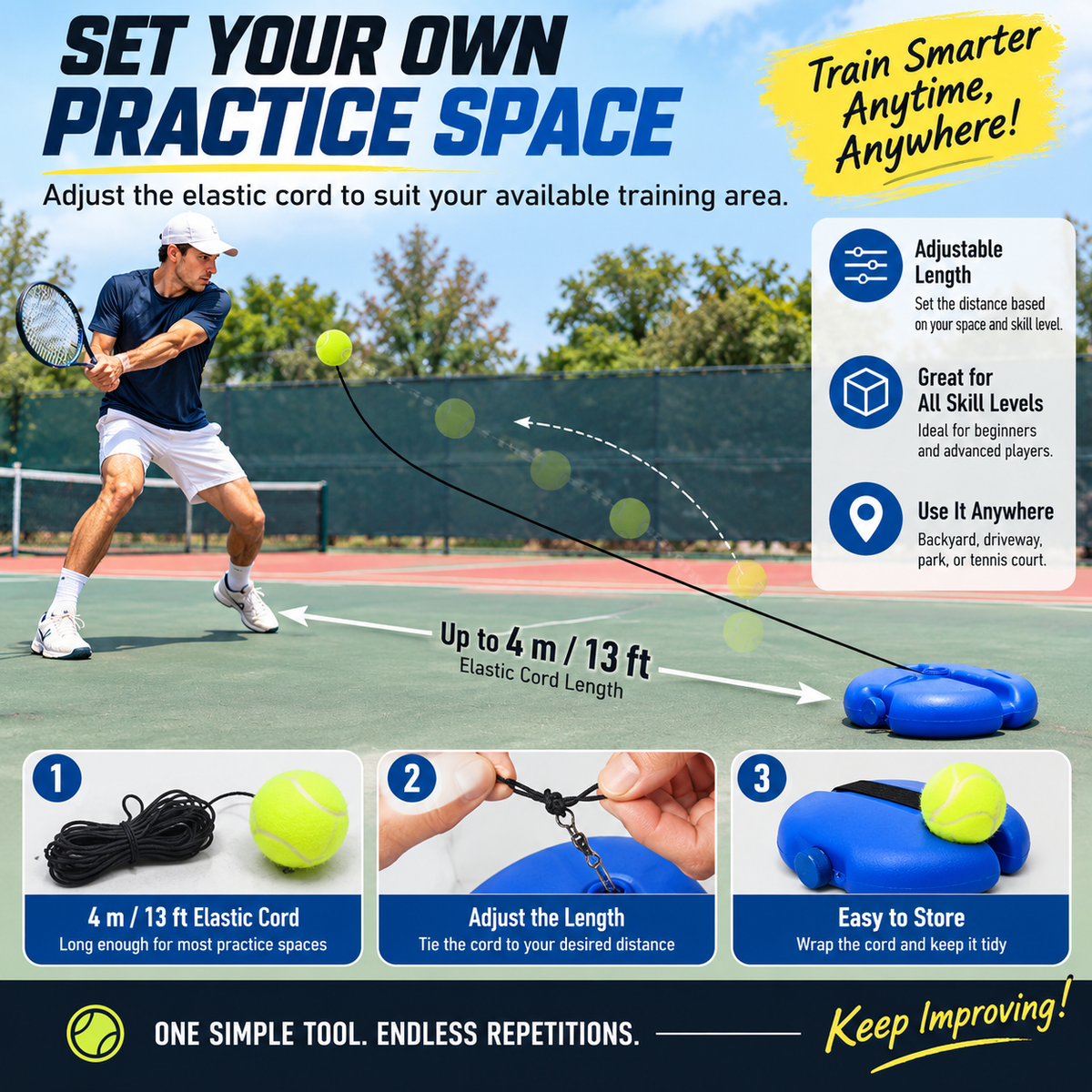 Solo Tennis Rebound Trainer Set – Fillable Base with 2 Balls & 13-Ft Elastic Cord