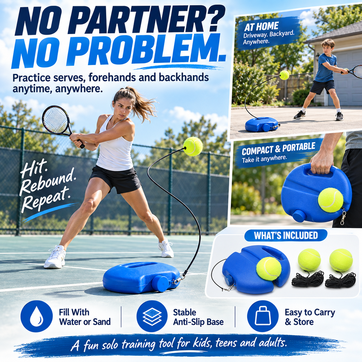 Solo Tennis Rebound Trainer Set – Fillable Base with 2 Balls & 13-Ft Elastic Cord