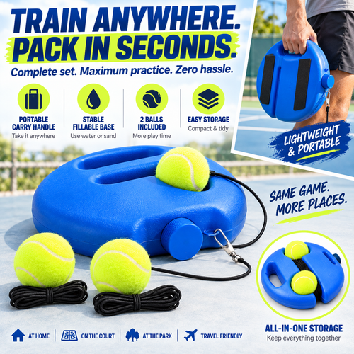 Solo Tennis Rebound Trainer Set – Fillable Base with 2 Balls & 13-Ft Elastic Cord