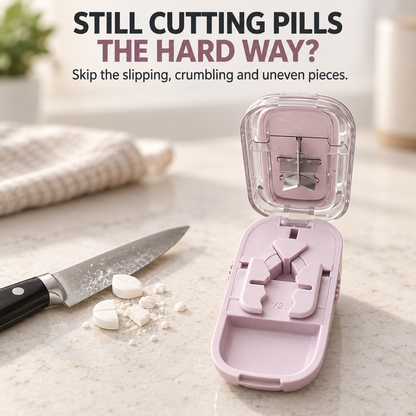 3-Way Precision Pill Cutter with Storage – 1/2, 1/3 & 1/4 Split Options