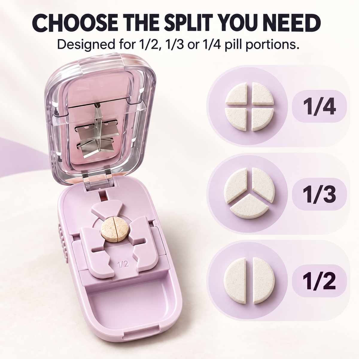 3-Way Precision Pill Cutter with Storage – 1/2, 1/3 & 1/4 Split Options