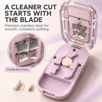 3-Way Precision Pill Cutter with Storage – 1/2, 1/3 & 1/4 Split Options