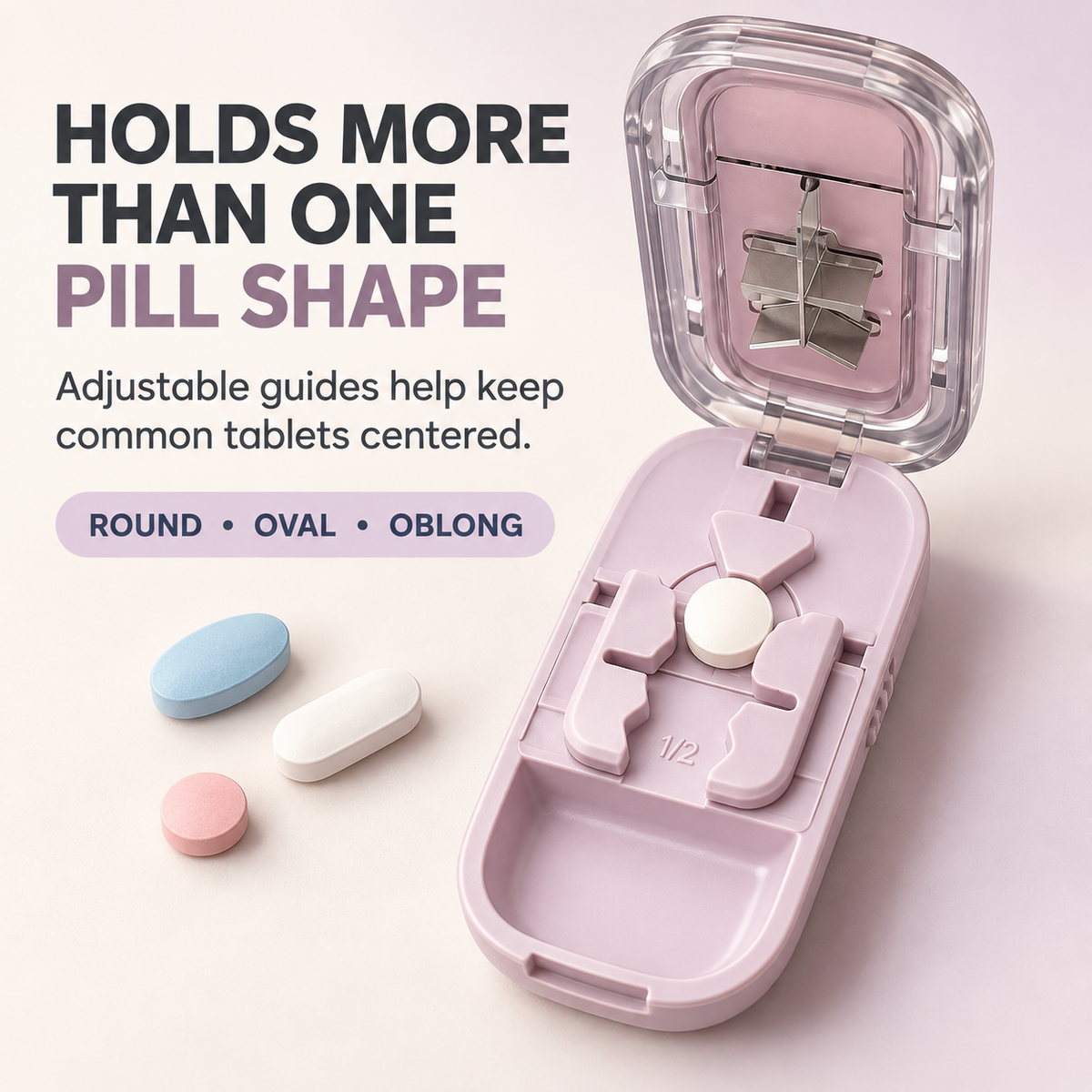 3-Way Precision Pill Cutter with Storage – 1/2, 1/3 & 1/4 Split Options