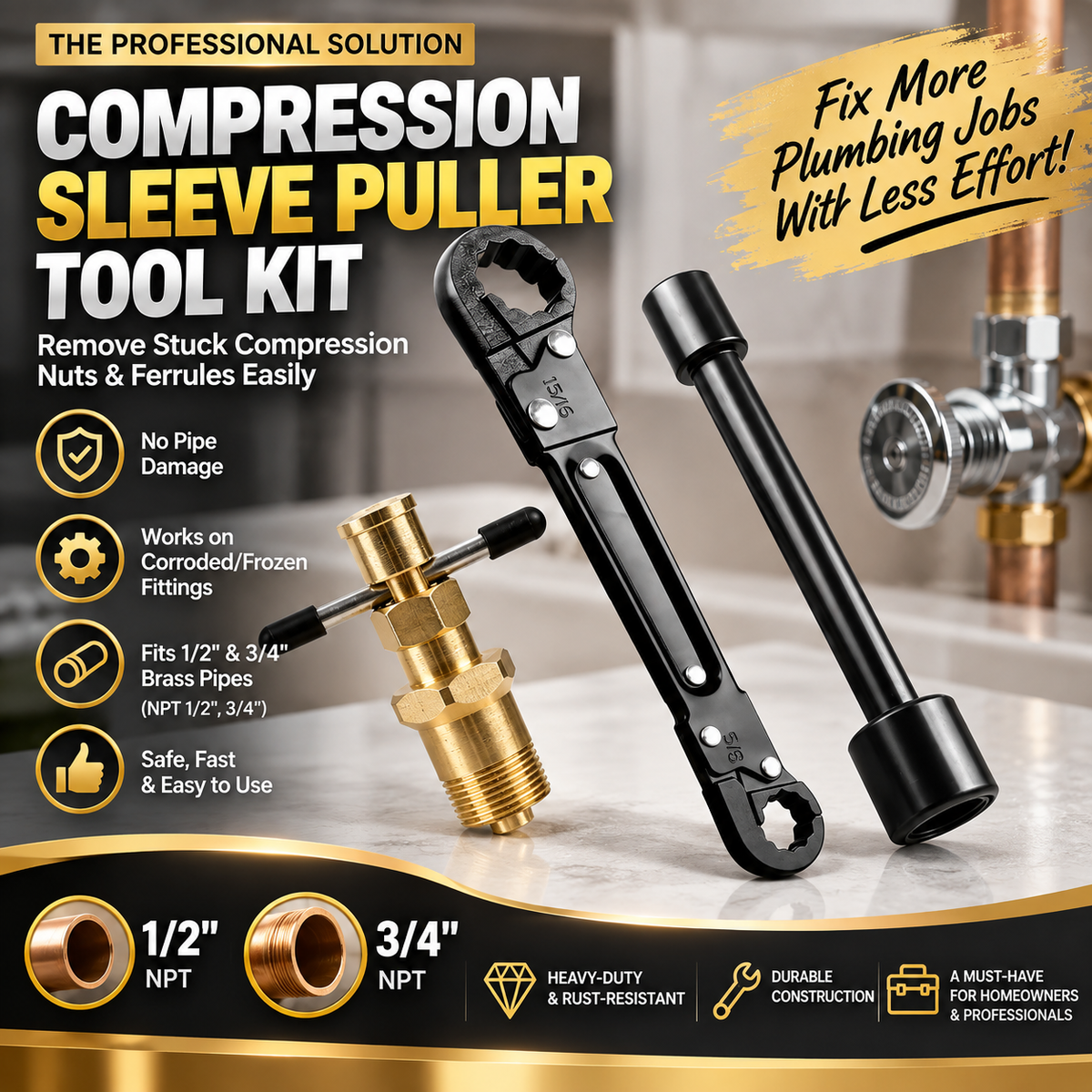 RDS SCM Compression Sleeve Puller Tool for 1/2' & 3/4' Brass Pipes, Rust-Resistant Ferrule Remover