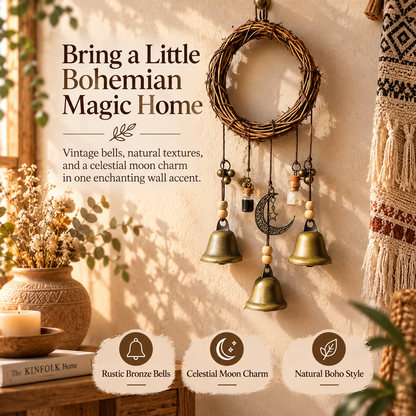 Boho Moon & Bell Hanging Decor – Rustic Bronze Wall & Door Charm