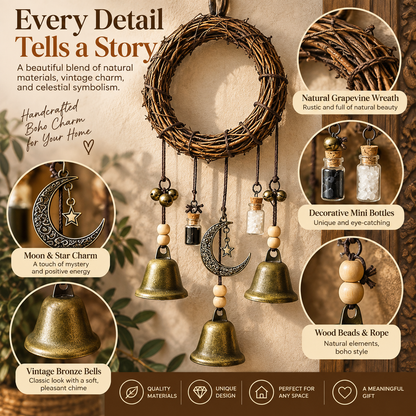 Boho Moon & Bell Hanging Decor – Rustic Bronze Wall & Door Charm