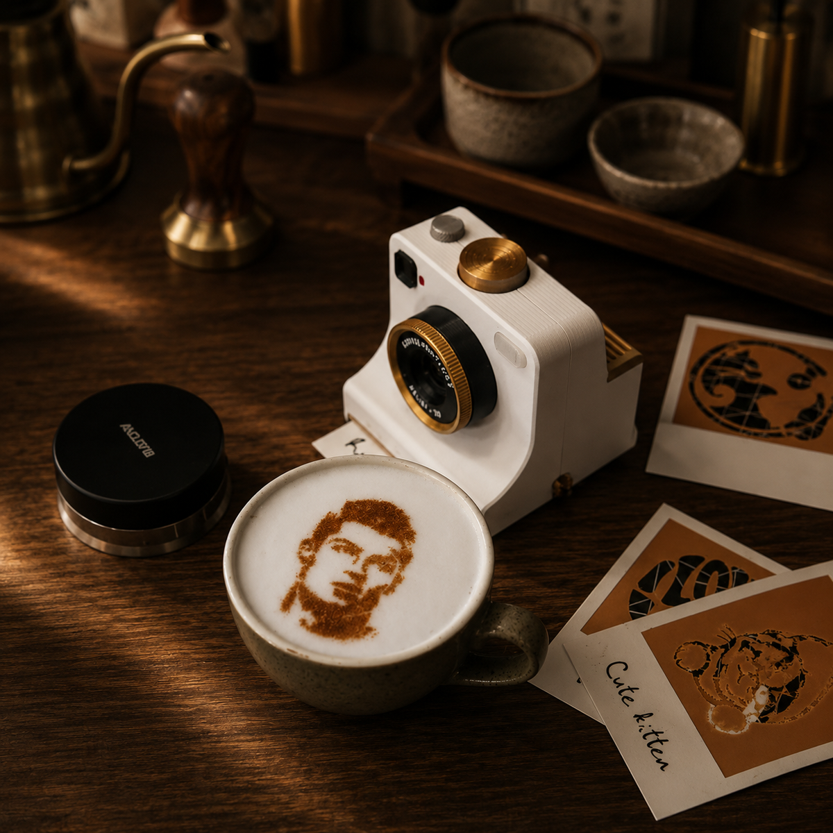 Decorated latte beside mechanical camera stencil tool
