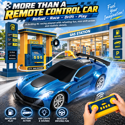 🏎️ Refuel & Drift RC Car Playset – Mist Spray, Lights, Sounds & Gas Station Fun
