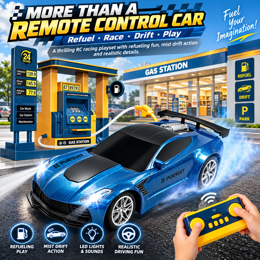 🏎️ Refuel & Drift RC Car Playset – Mist Spray, Lights, Sounds & Gas Station Fun