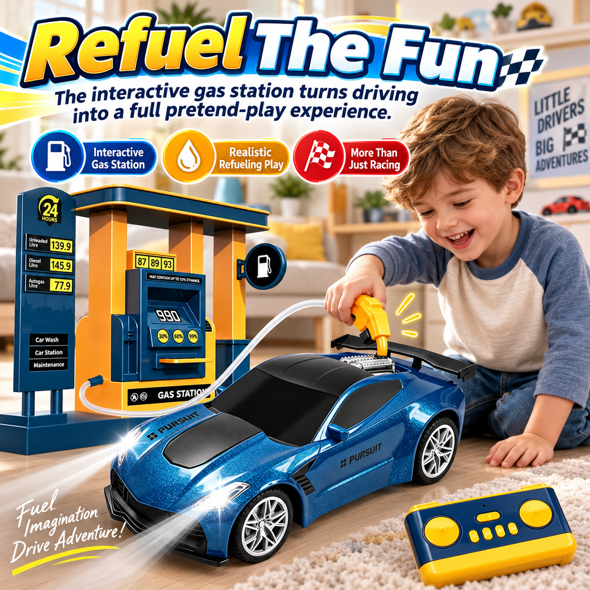 🏎️ Refuel & Drift RC Car Playset – Mist Spray, Lights, Sounds & Gas Station Fun
