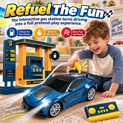 🏎️ Refuel & Drift RC Car Playset – Mist Spray, Lights, Sounds & Gas Station Fun